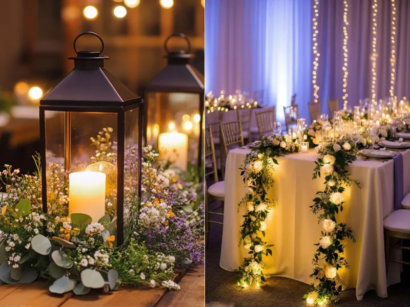 گل آرایی با کمک فانوس برای میز شام عروسی
