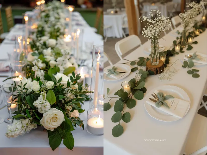 گل آرایی میز شام عروسی با برگ های سبز