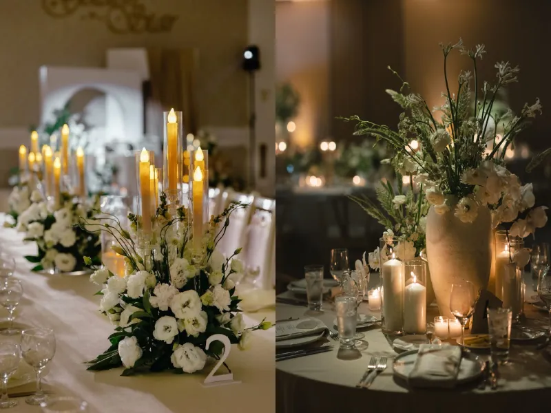 گل آرایی میز شام عروسی با شمع موی