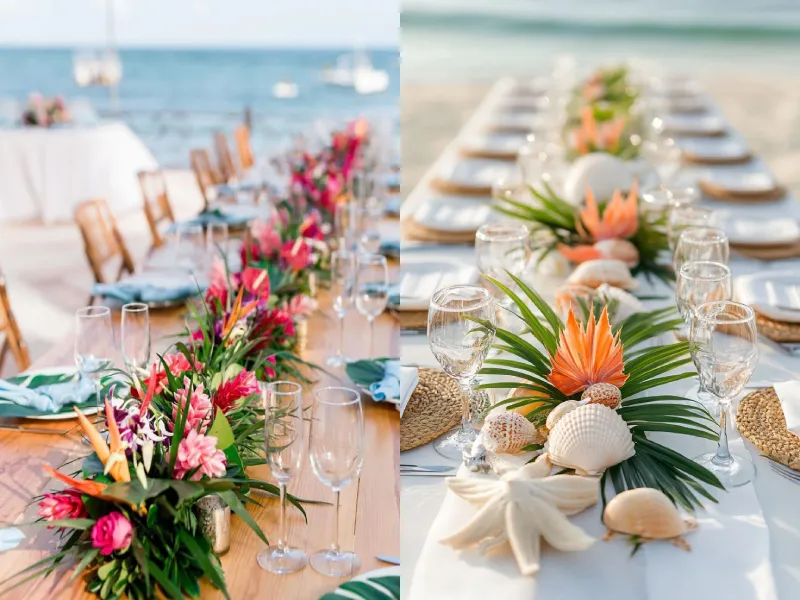 گل آرایی میز شام عروسی با گل های رنگی مناسب عروسی ساحلی و فضای باز