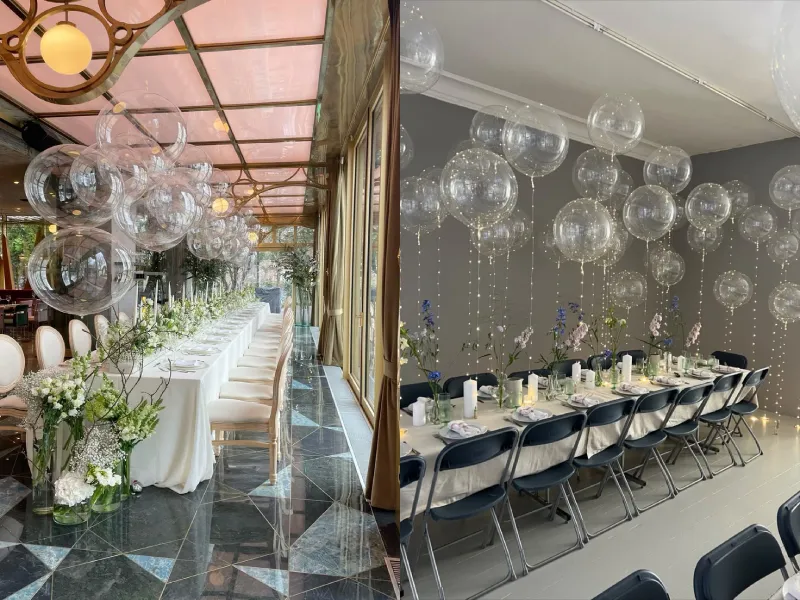 گل آرایی میز شام عروسی به همراه بادکنک آرایی